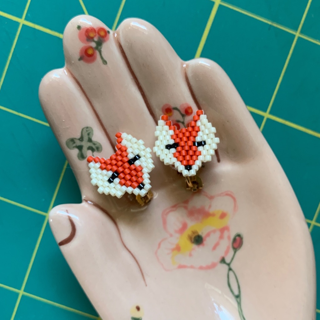 Artist-Made Beaded Fox Earrings, 14k Gold Plated Posts